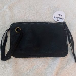 Roots black leather clutch